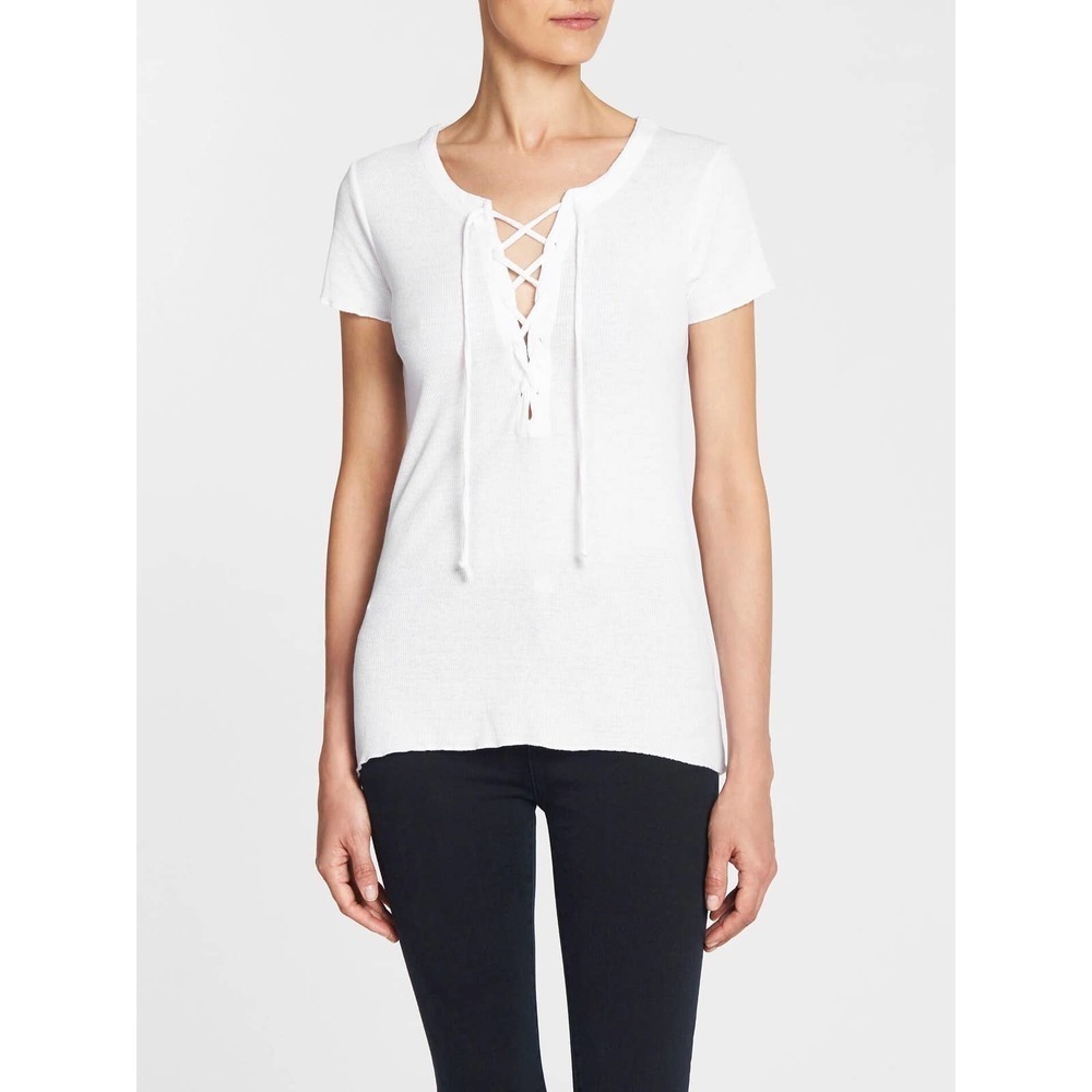 Chaser NWT Short Sleeve Lace Up Hi Lo Ribbed Knit Casual Tee White Size Medium
